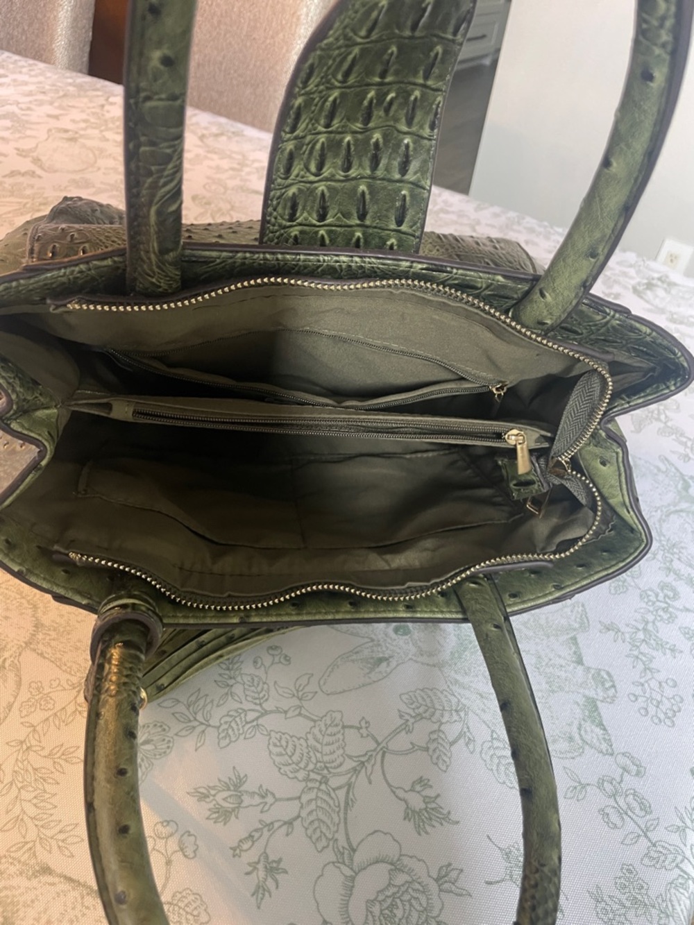Olive Croc-Embossed Satchel Handbag - Picture 3 of 14
